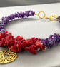 Chunky Amethyst & Red Coral Gold Filigree Heart Gemstone Chip Choker Necklace - Image 3