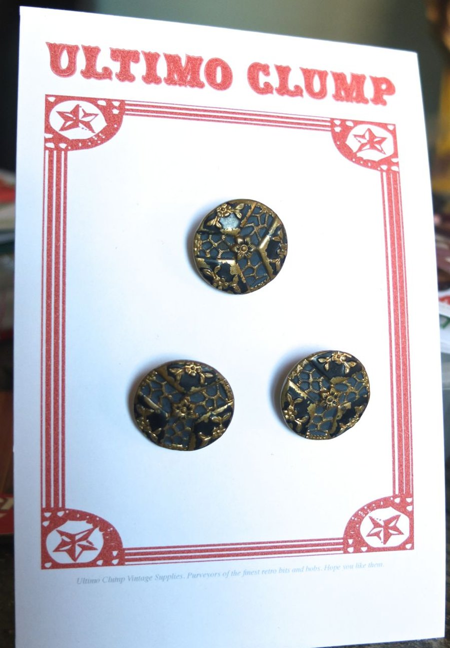 3 Vintage Blue and Gold Metal Buttons