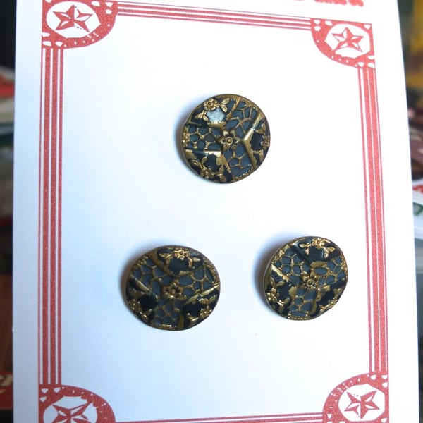 3 Vintage Blue and Gold Metal Buttons