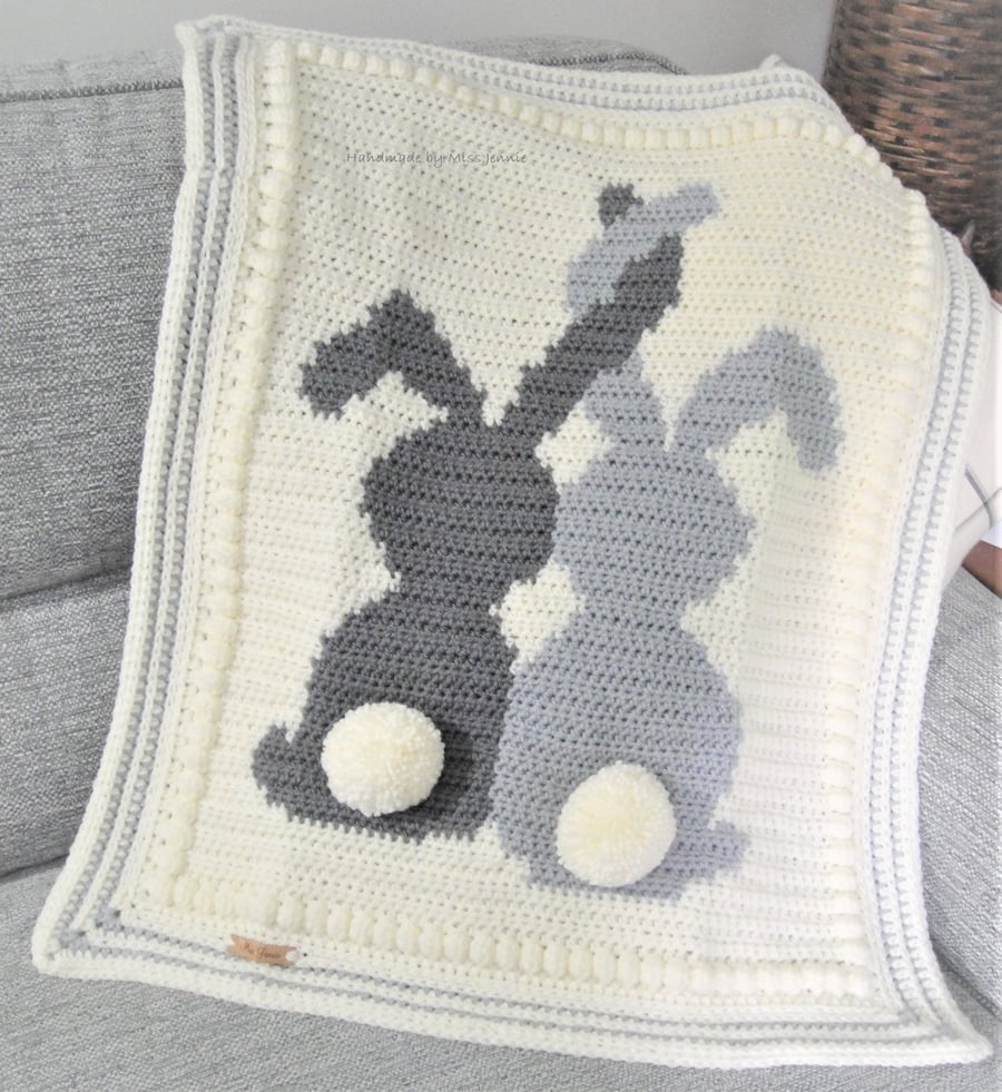 Crochet Bunny Baby Blanket, Baby Shower, Cot blanket, Stroller Blanket.