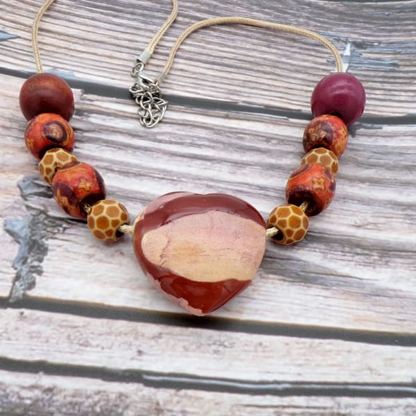 Polished Stone Heart Pendant Necklace Brown & Red, African Wood Beads