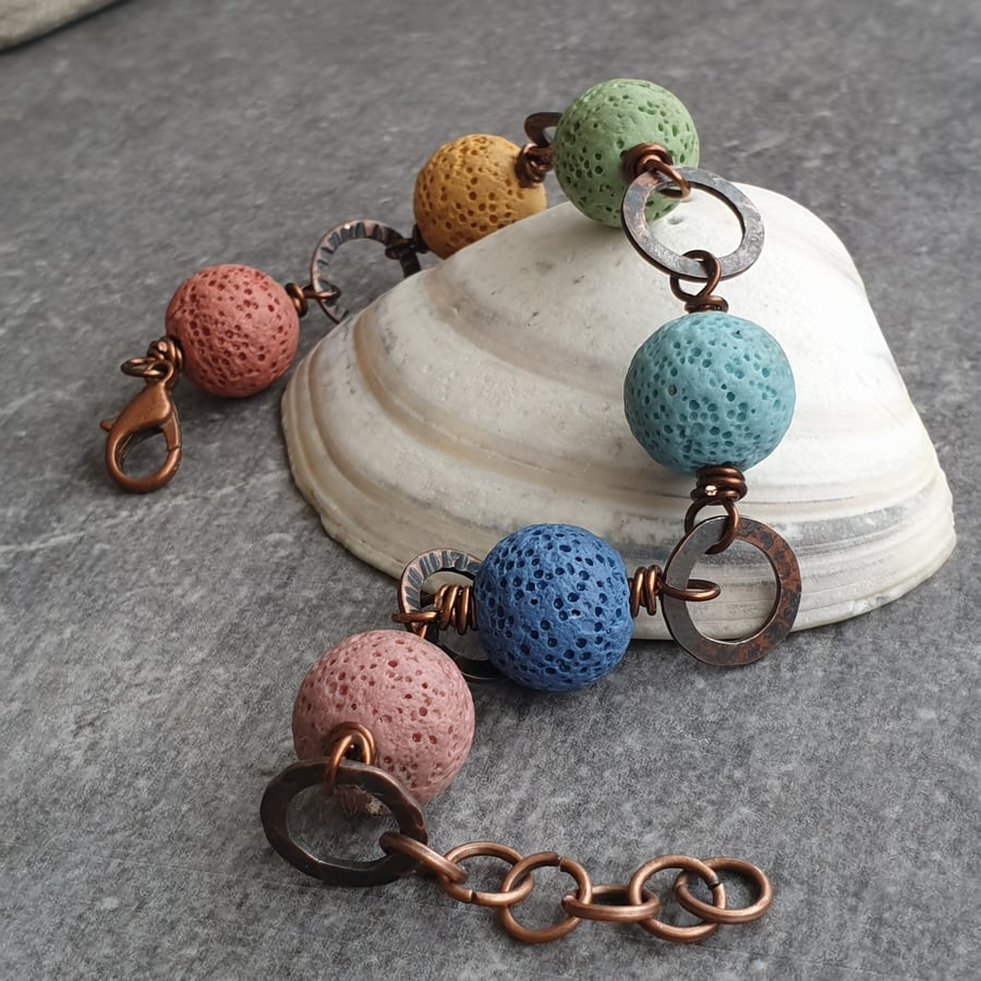 Rainbow lava bead bracelet, Copper jewellery, Colourful gift