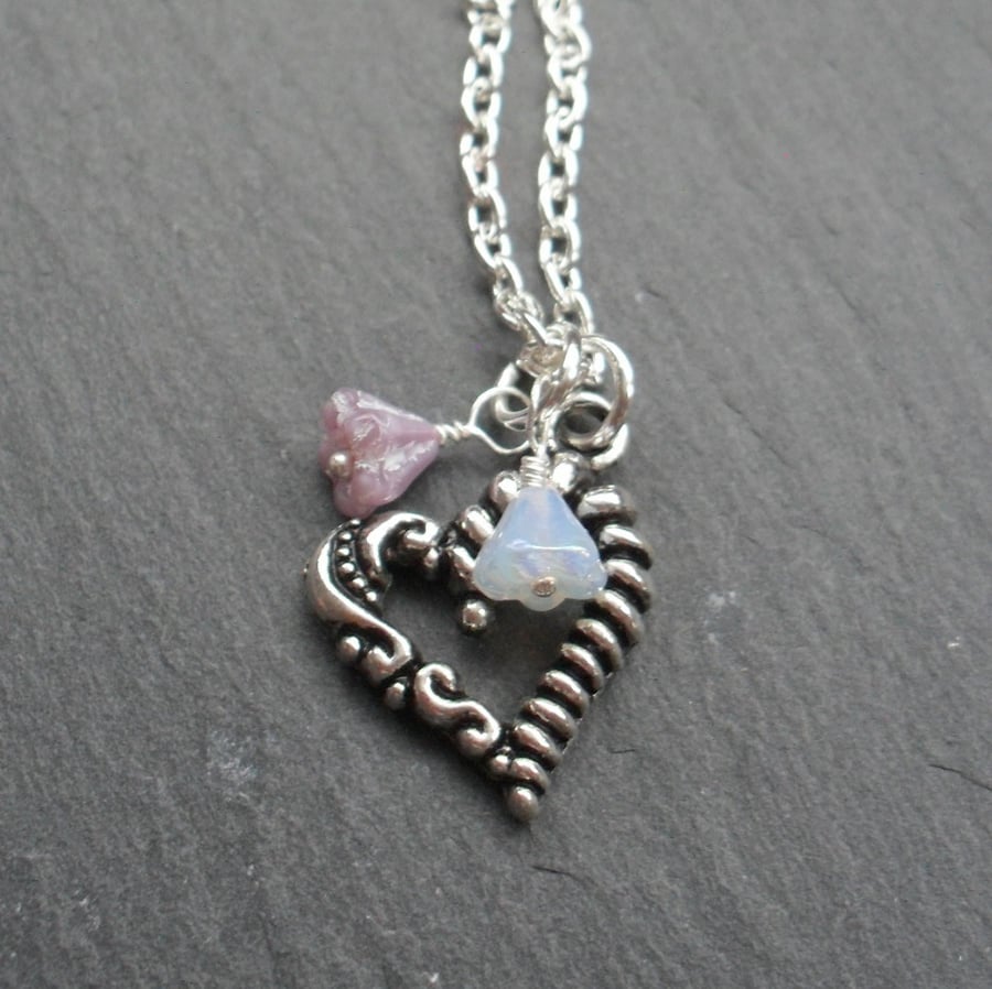 Heart Charm Necklace With Glass Flower Beads
