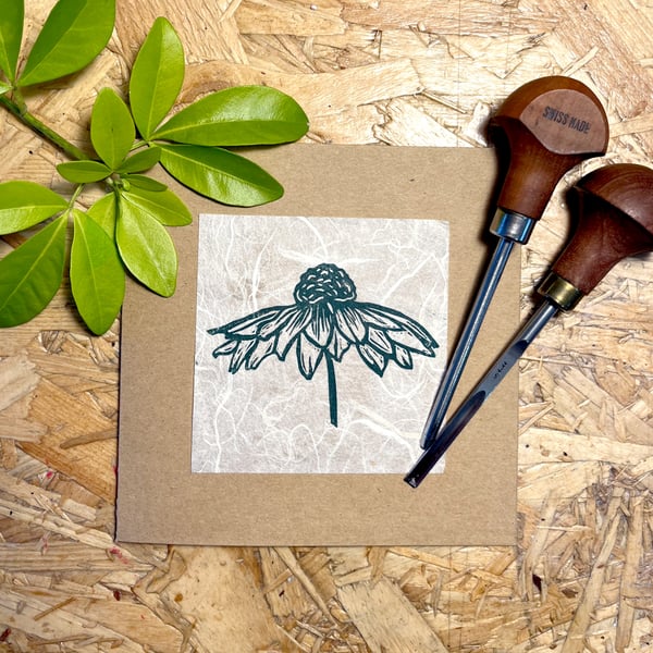 Flower Lino Print Greetings Card 13.5cm x 13.5cm Green on Kraft Card