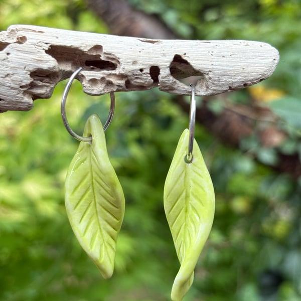 Sterling Silver Endless Hoop Earrings with Glazed Porcelain Leaf Twists