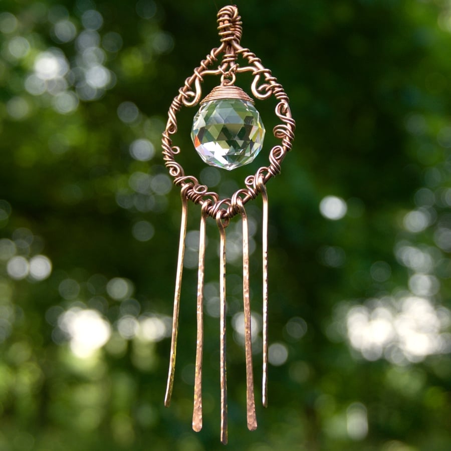 Copper Wire Wrapped Window Hanging - Windchime with Rainbow Prism Crystal