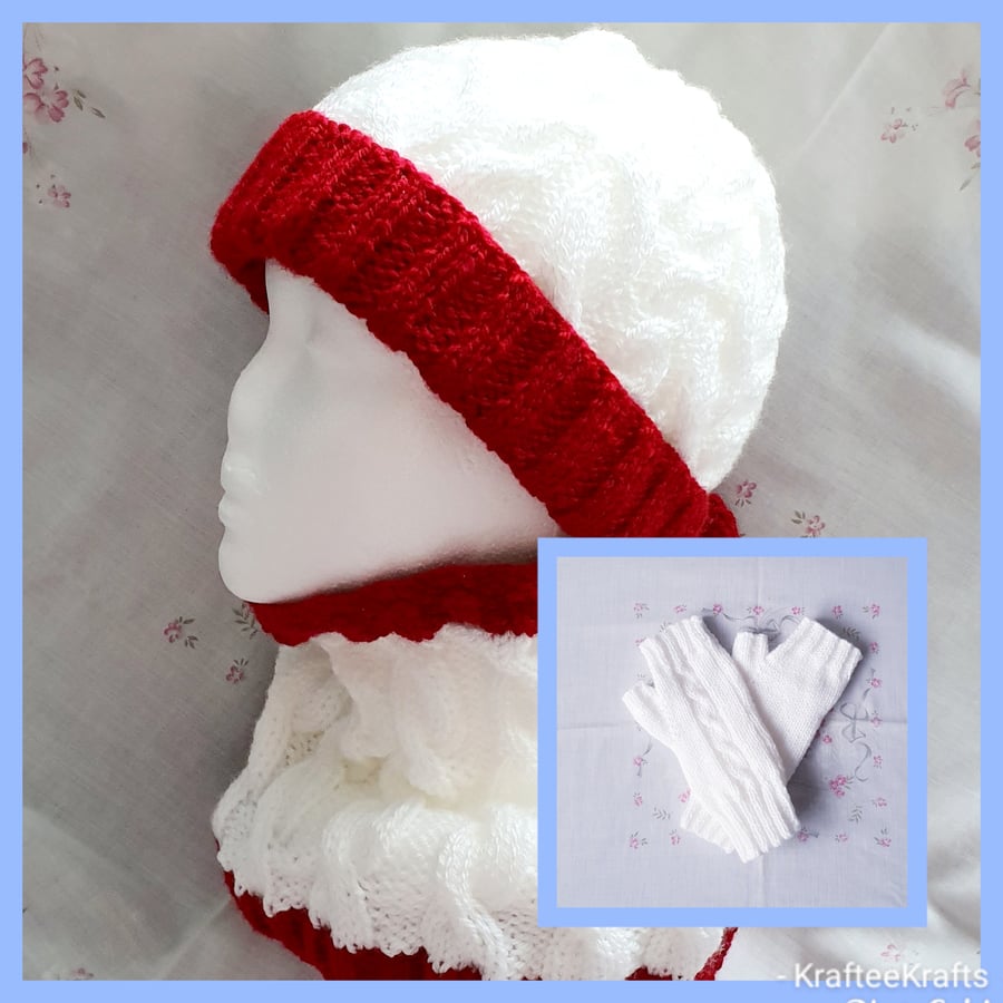 White & Red Ladies hand-knitted hat, cowl, & fingerless gloves