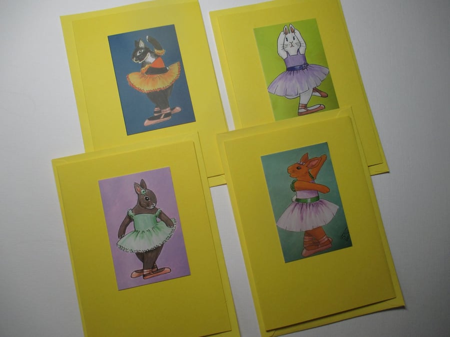 Bunny Rabbit Blank Greetings Card x4 Notelet Ballet Dancer Beautiful Bundle