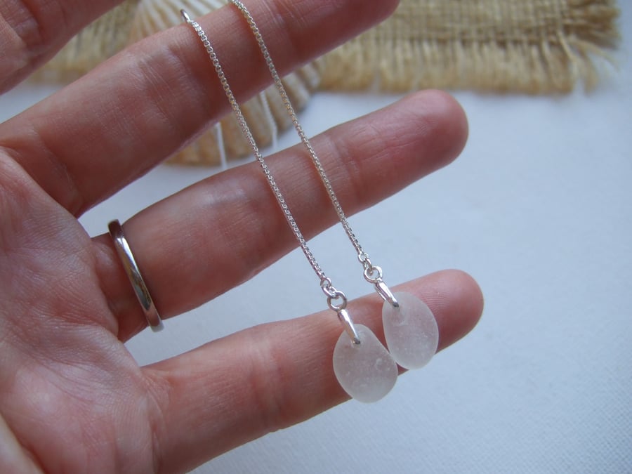 Scottish sea glass earrings, white threader earrings, raindrop earrings