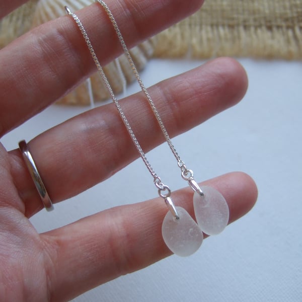 Scottish sea glass earrings, white threader earrings, raindrop earrings