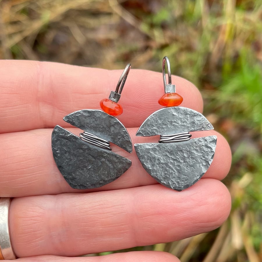 Oxidised sterling silver and carnelian tribal earrings 