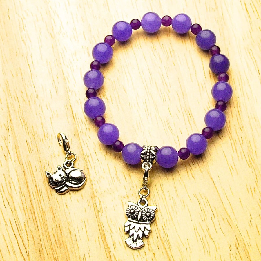 Violet Jade Bracelet with Owl and Cat Charms