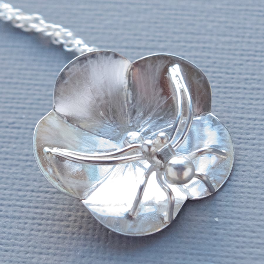 Hallmarked Sterling Silver Crab Spider Pendant, Naturalistic on Geranium Flower 