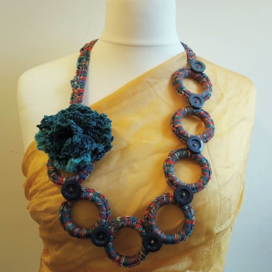Crochet Carnation Flower Ring Necklace