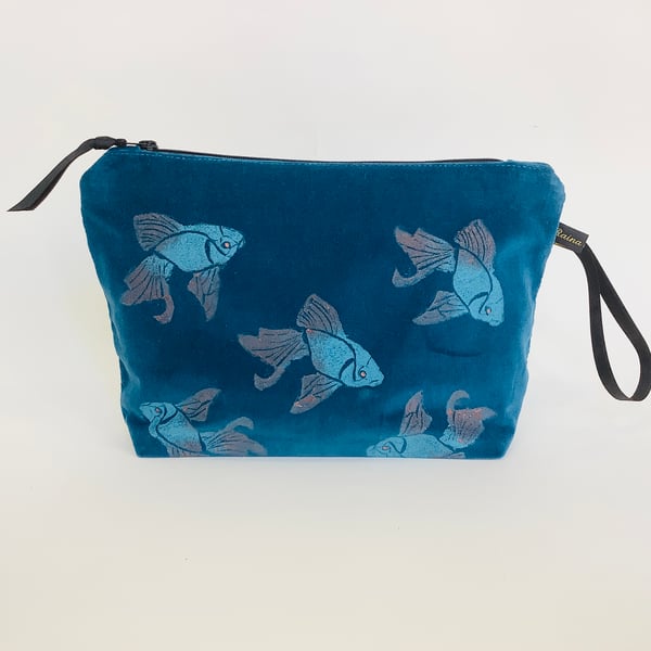 Teal Koi Fish Velvet Makeup Bag