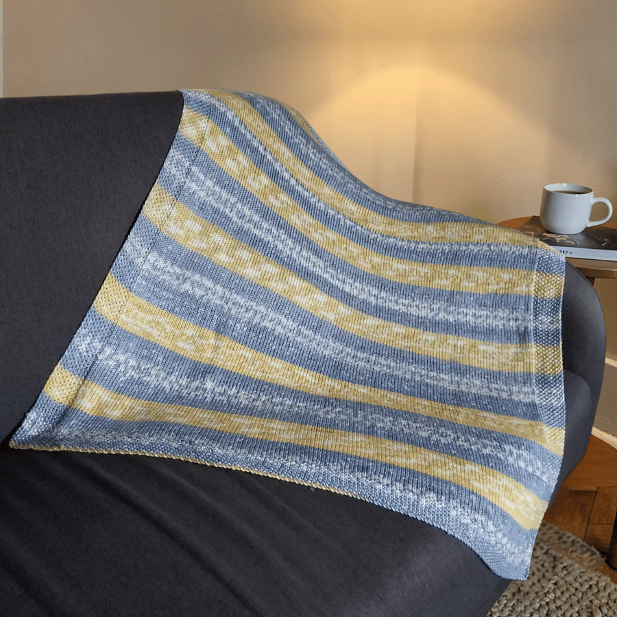 Mustard Yellow, Grey and Cream Fair Isle Hand Knitted Baby Blanket Pram Size