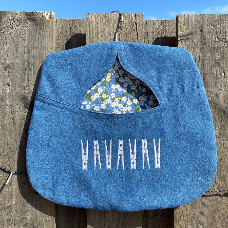 Denim Peg Bag: Embroidered, Liberty Print Lined, Large