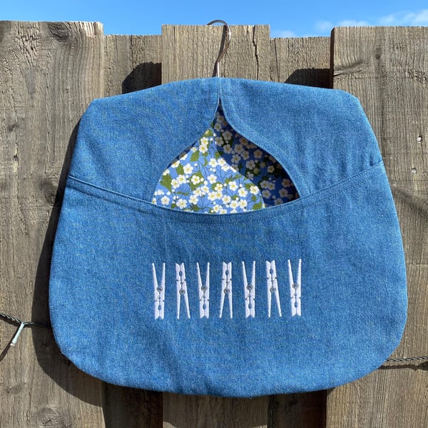 Denim Peg Bag: Embroidered, Liberty Print Lined, Large