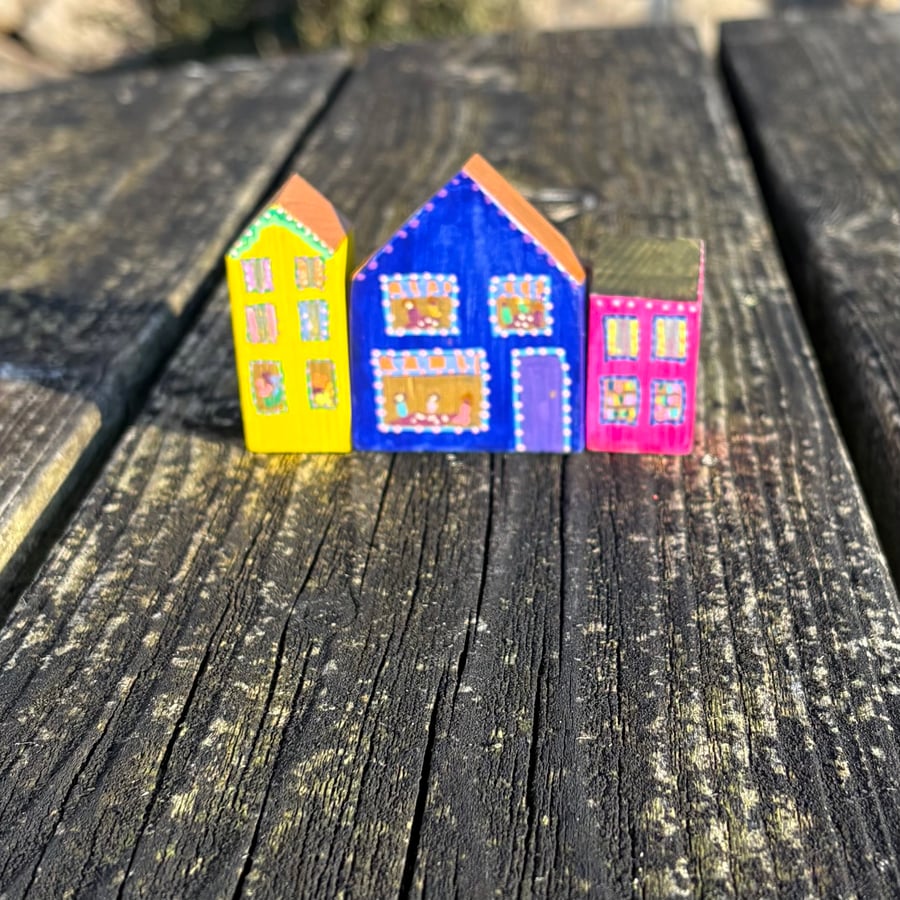 Parade of three little hand painted wooden shops - shelf ornaments