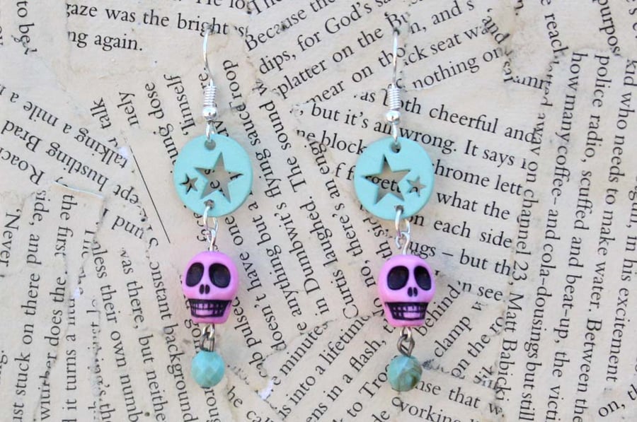 Pastel Goth Pink Skull Star Celestial Mystic Earrings
