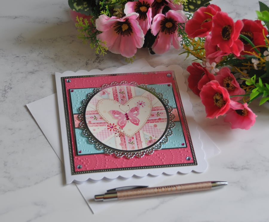 Butterfly Flowers Heart Union Flag Luxury Handmade Card British Inspirational