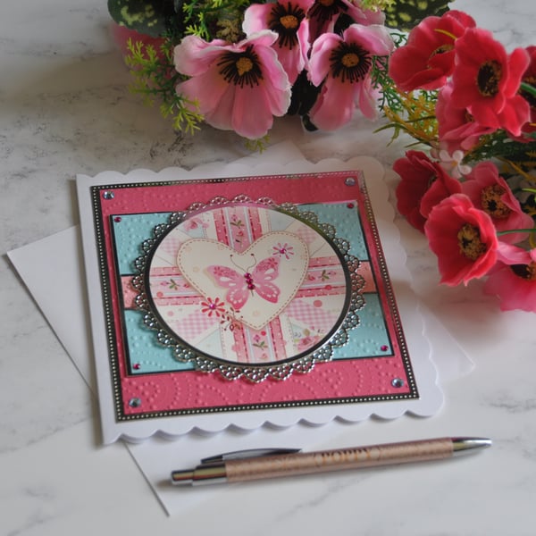 Butterfly Flowers Heart Union Flag Luxury Handmade Card British Inspirational