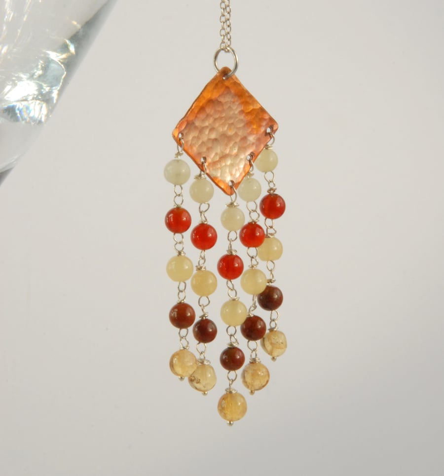 Fringed copper pendant with sterling silver chain (orange, red, yellow)