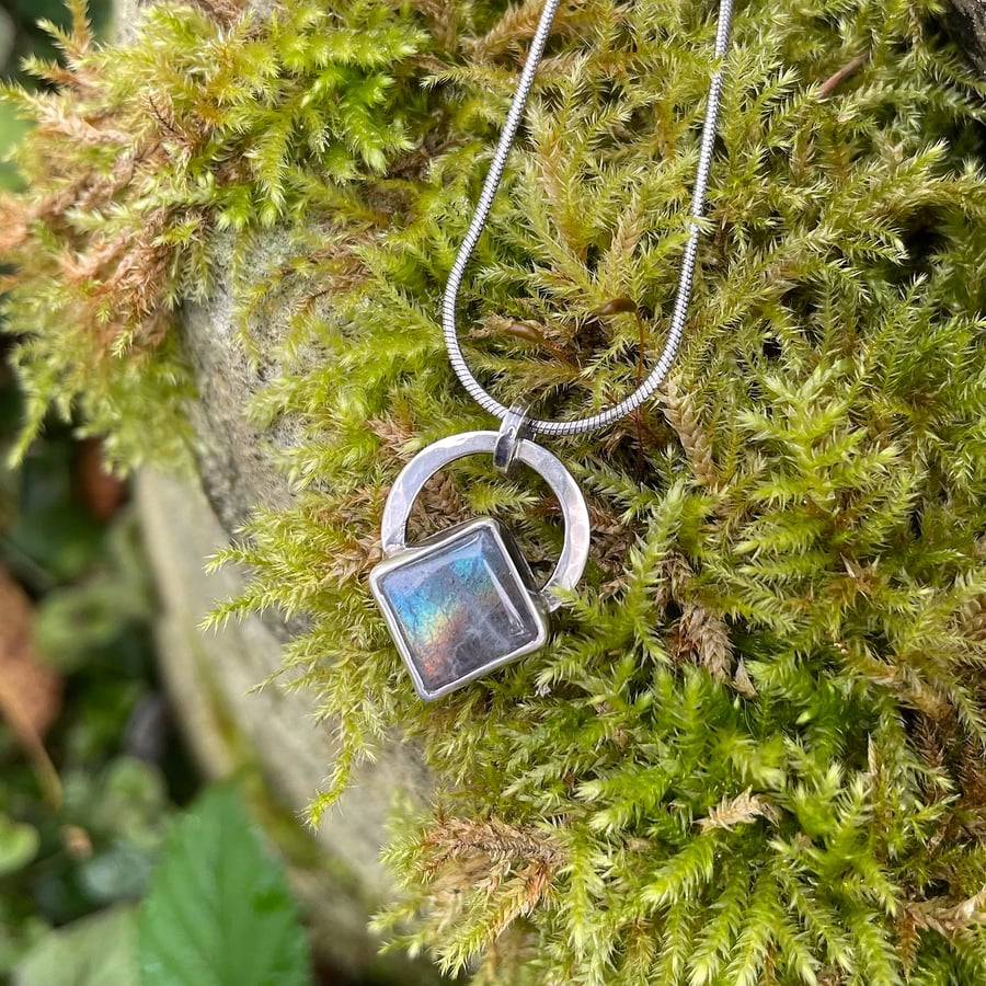 Labradorite and silver pendant and chain, rainbow