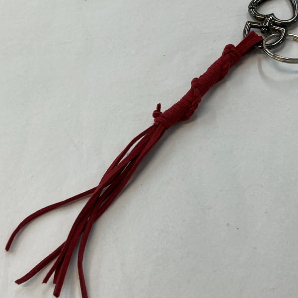 Dark Red Suede Keyring - Bag Charm w Gunmetal Heart shaped Carabiner