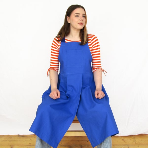 Pleated Pinafore Apron with Split Leg and Adjustable Cross Back. Blue No25
