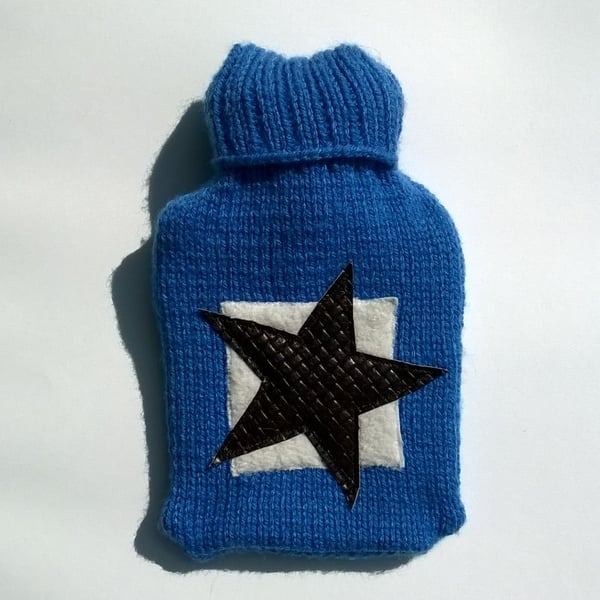 SALE : Hot water bottle cover  - blue with leather star