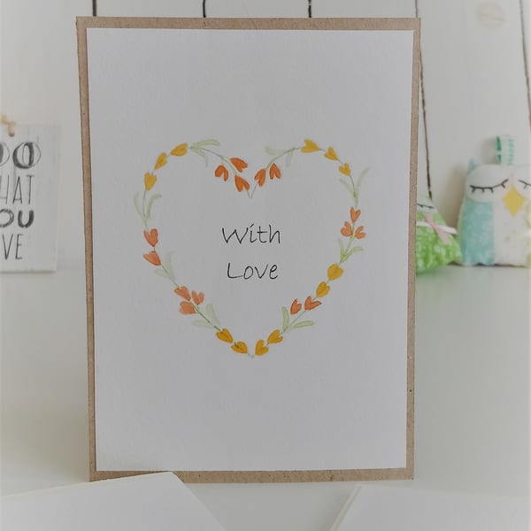 Original Hand Painted "With Love" Card with Orange & Yellow Flower Wreath