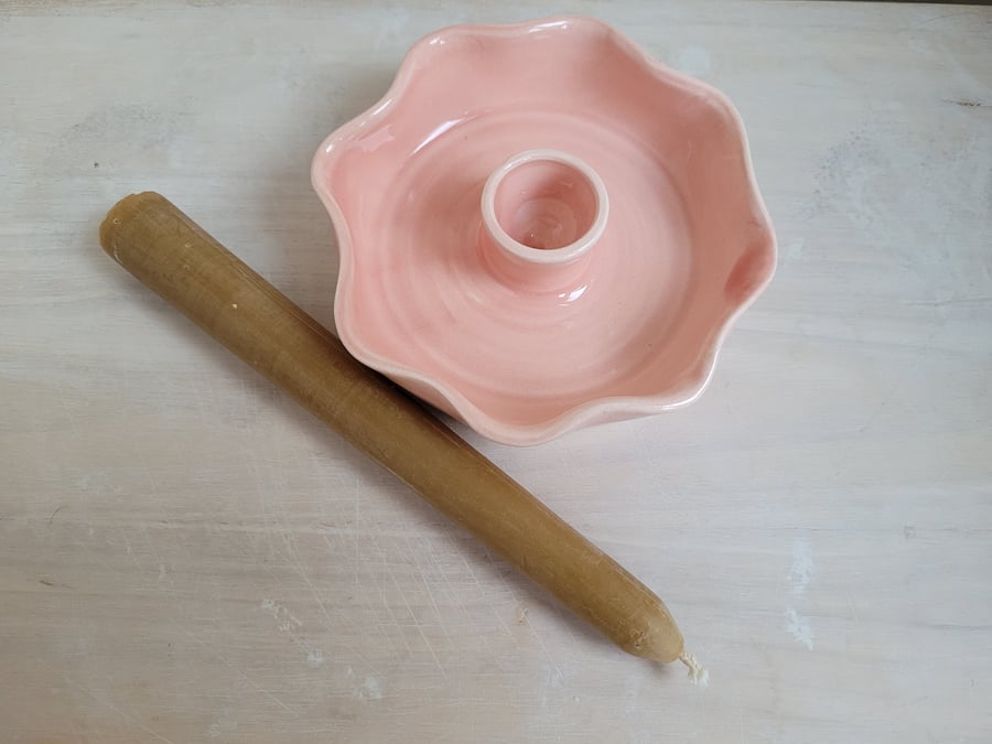 Green or pink pottery candle holder with fluted scalloped rim , pottery gift