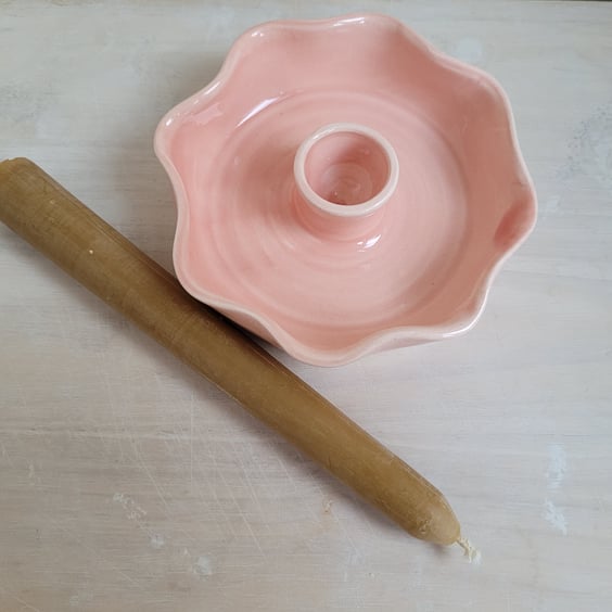 Green or pink pottery candle holder with fluted scalloped rim , pottery gift