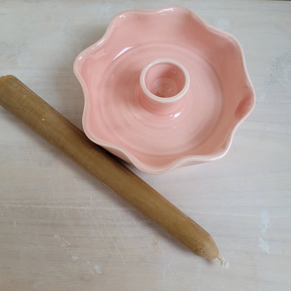 Green or pink pottery candle holder with fluted scalloped rim , pottery gift