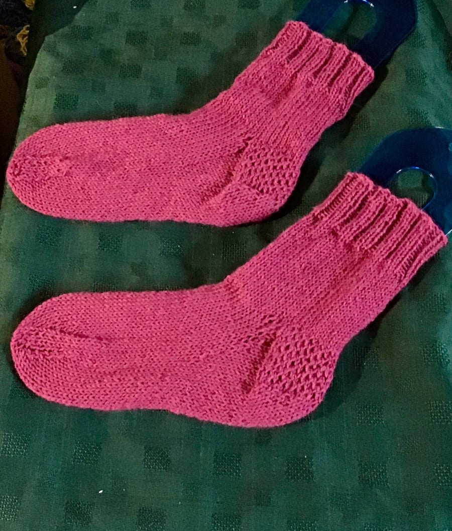 Hand knit boot socks dark pink Uk 8