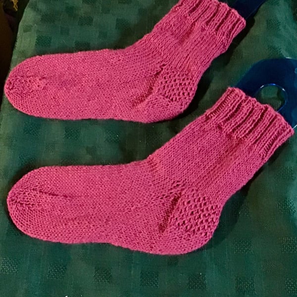 Hand knit boot socks dark pink Uk 8