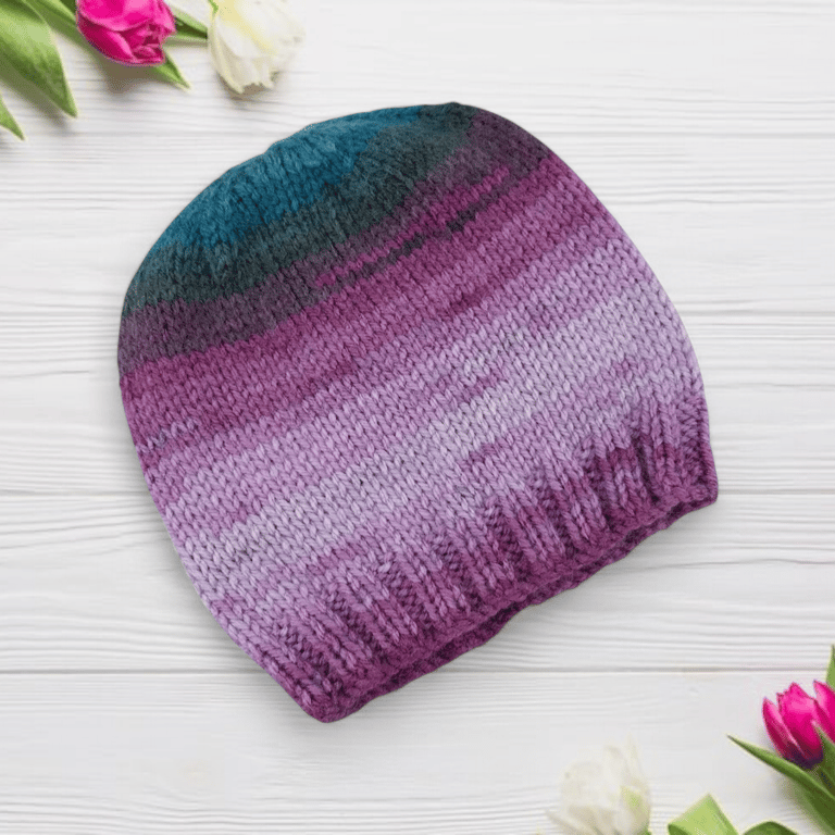 Hand Knitted Baby Hat in Purple and Blue Self-Striping Yarn, Beanie for Winter