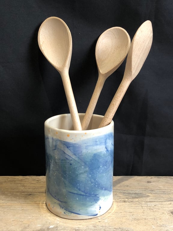 Stoneware blue 'summer waves' utensil pot