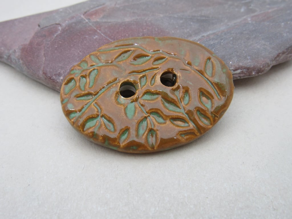 Large Grassland Green Brown Sprig Oval Handmade Ceramic Button