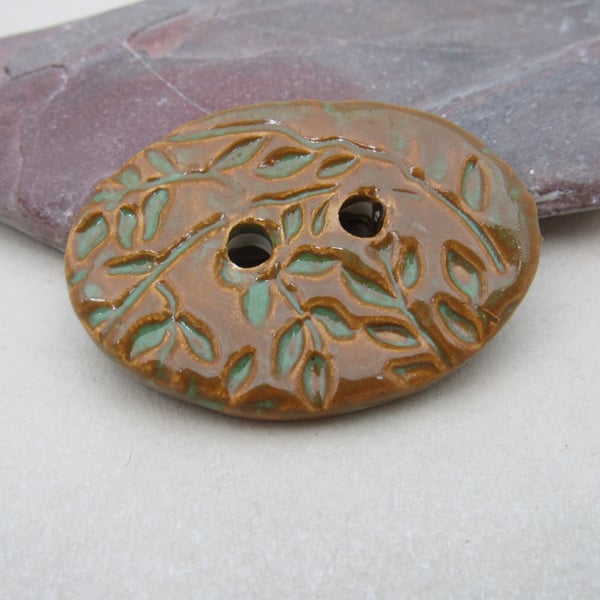 Large Grassland Green Brown Sprig Oval Handmade Ceramic Button