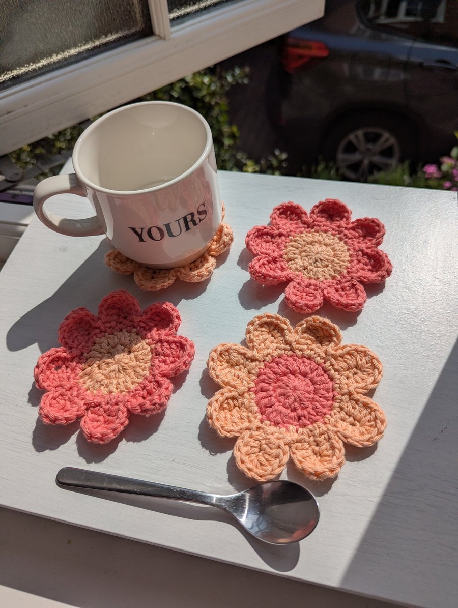 Crochet Coasters - Vibrant Coral & Apricot Retro Flowers 