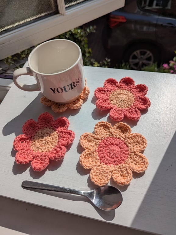 Crochet Coasters - Vibrant Coral & Apricot Retro Flowers 