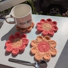 Crochet Coasters - Vibrant Coral & Apricot Retro Flowers 