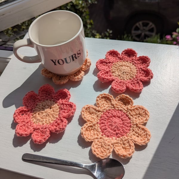 Crochet Coasters - Vibrant Coral & Apricot Retro Flowers 