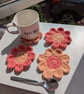 Crochet Coasters - Vibrant Coral & Apricot Retro Flowers 