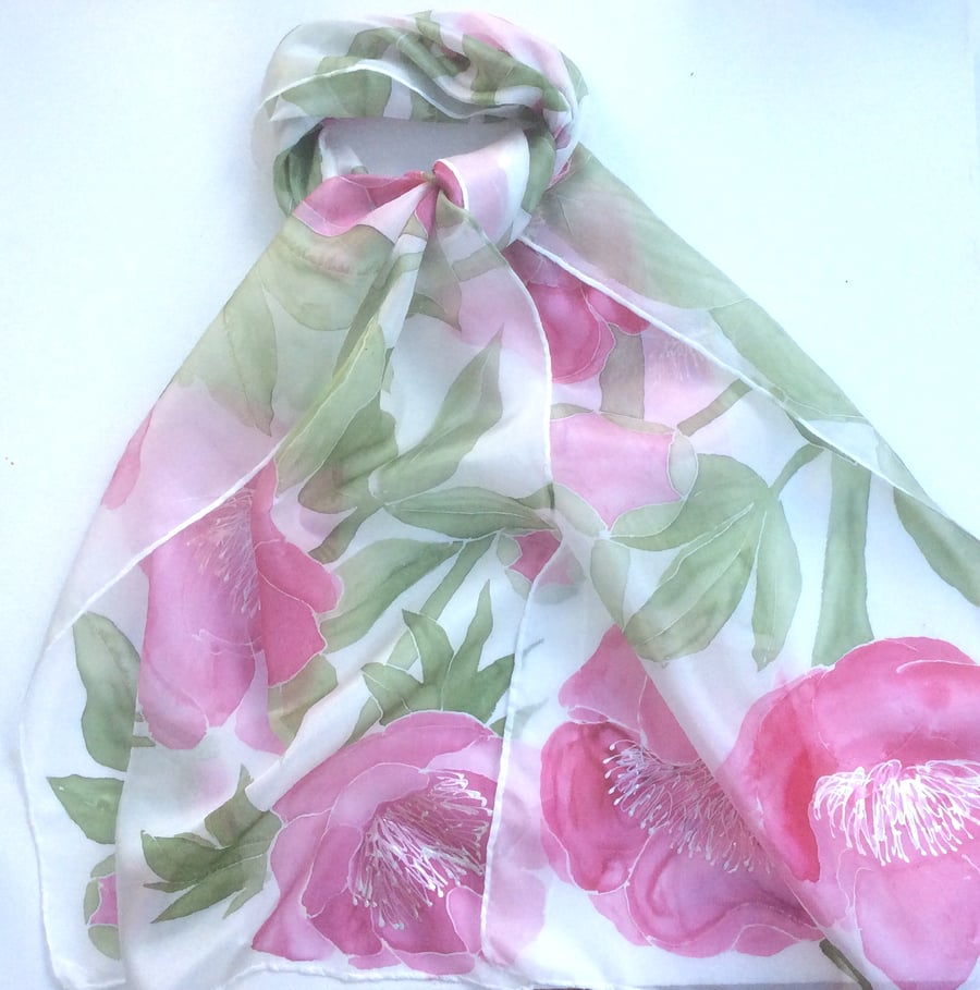 Pink Peonies hand painted silk scarf