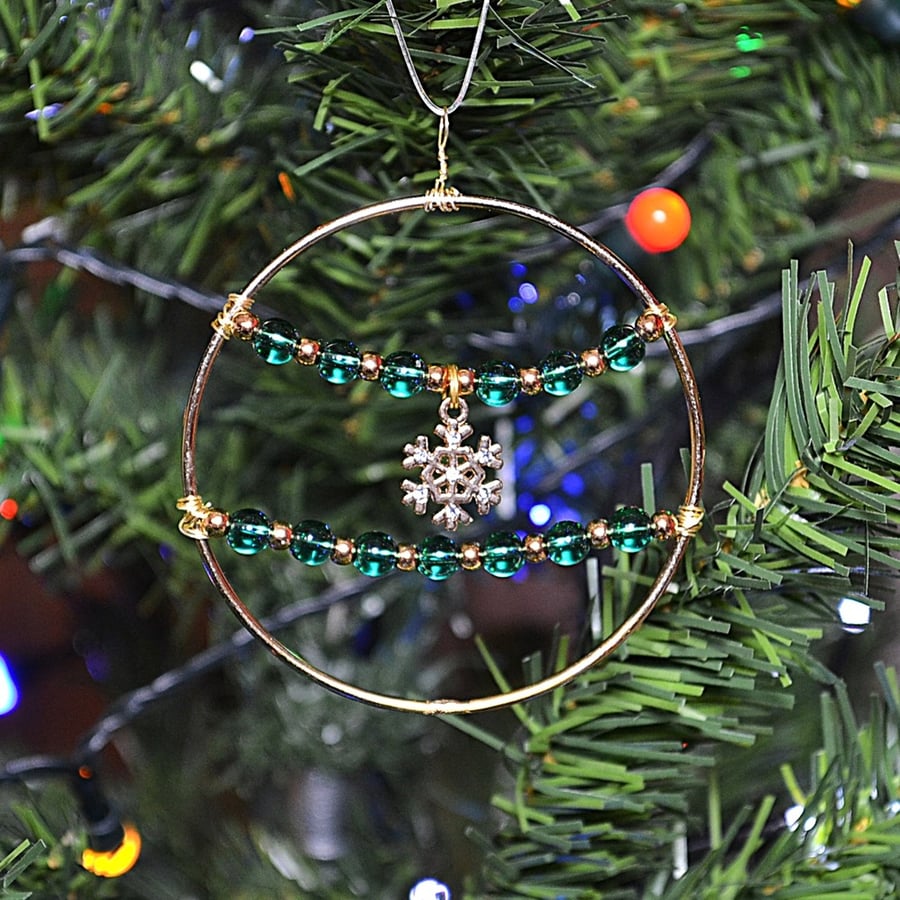 Upcycled Bangle Christmas Decoration – Green and Gold with Snowflake