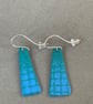 Enamel drop earrings, Teal with blue squares - silver hooks - Image 2