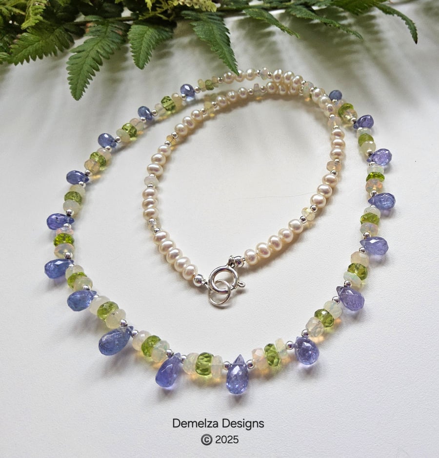 Designer Tanzanite & Peridot, Wello Opal & Pearl Sterling Silver Necklace 